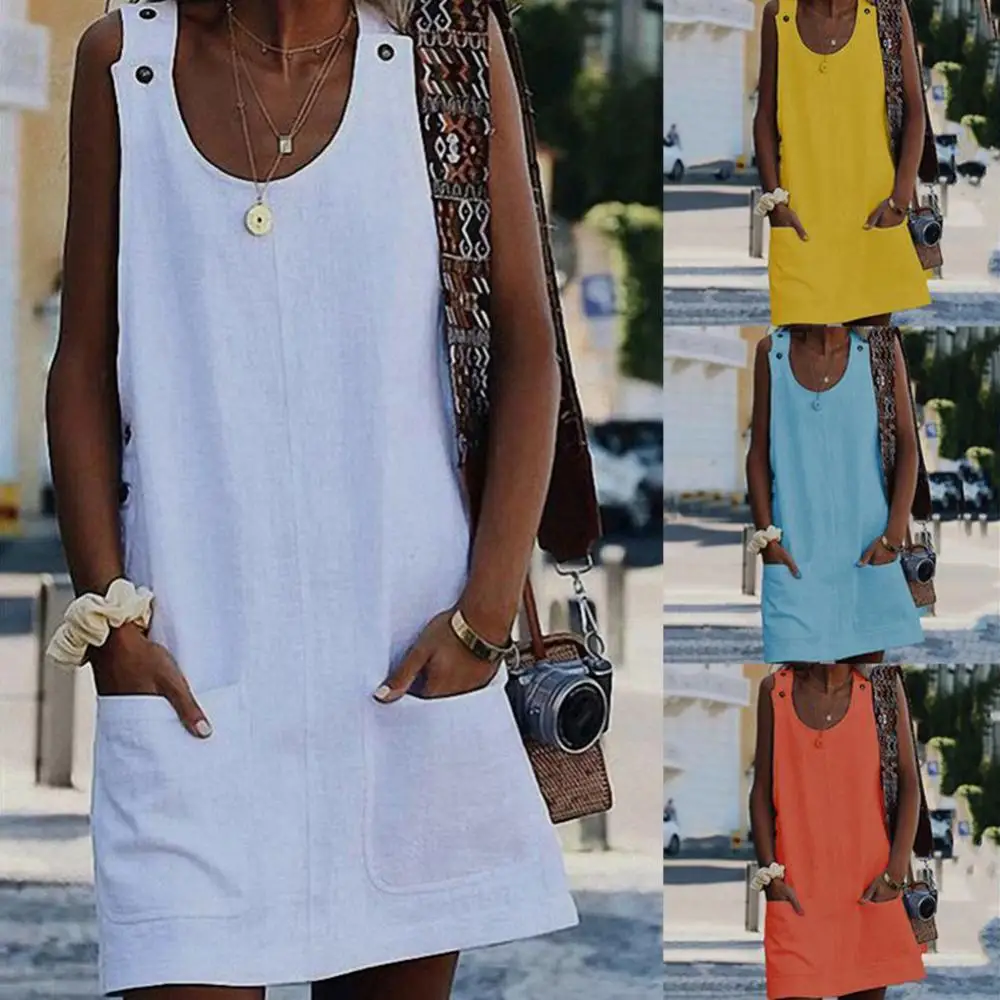 

Summer Women Vest Mini Dress Beach Casual Women Solid Color Pocket Mini Dress Sleeveless Button Sundress Casual Female Vestidos