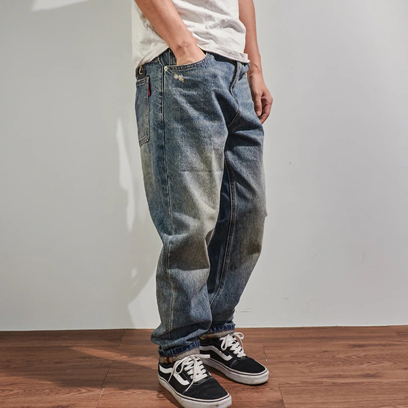 White-washed casual jeans men's straight loose micro-cone casual pants heavy denim pants in autumn and winter