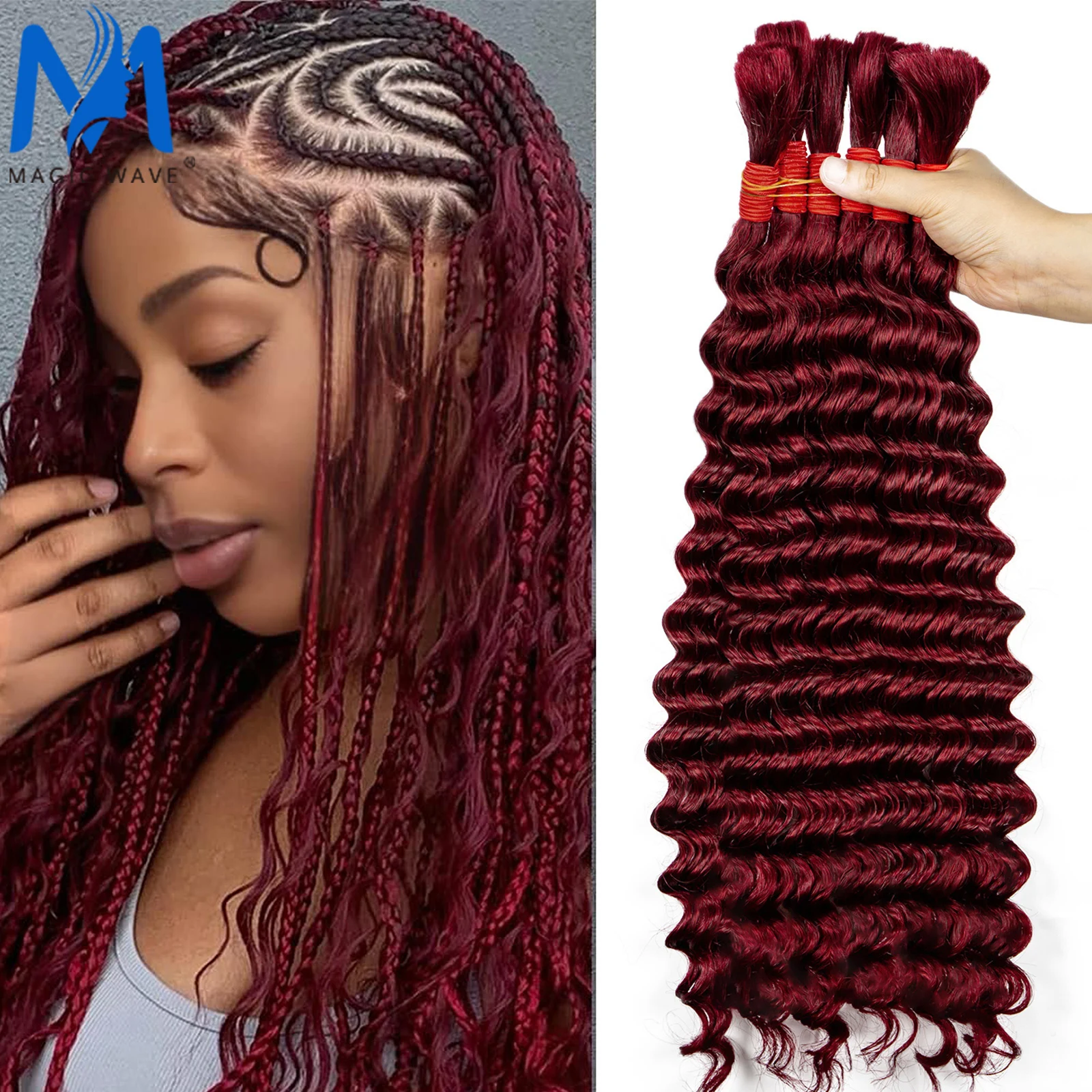 Deep Wave Burgundy 99J Human Hair Bulk for Braiding No Weft 100% Virgin 26 28 Inch Bundles Curly Women