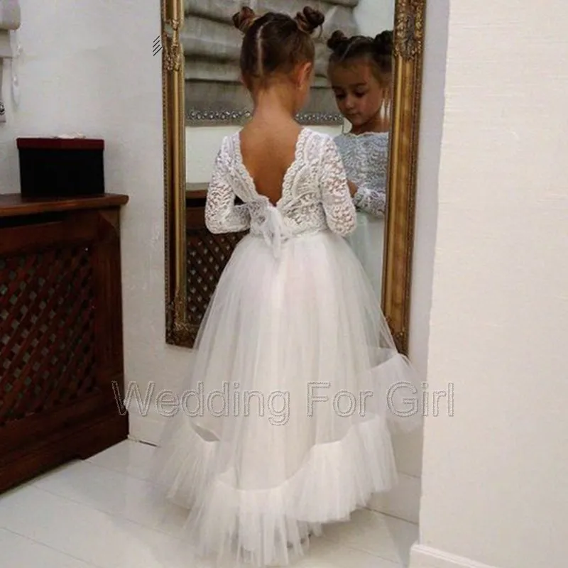 

A-line Ivory Backless Flower Girl Dresses Tulle Lace Appliques Prom Long Sleeve Ball Gown Celebrity Children Dresses