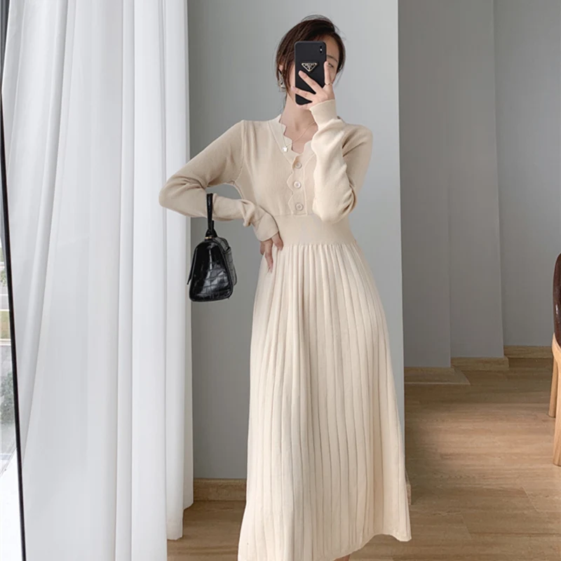 

Винтажное цельное корейское плиссированное платье 2023, облегающие Женские платья-свитеры с длинным рукавом, Элегантное трикотажное платье средней длины, женское осеннее платье