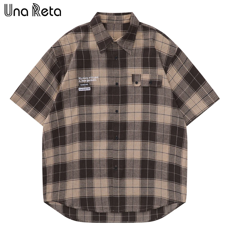 

Una Reta Plaid Print Men's Shirt Summer Tops Streetwear Hawaiian Shirts For Men Harujuku Single-breasted Oversized Shirts