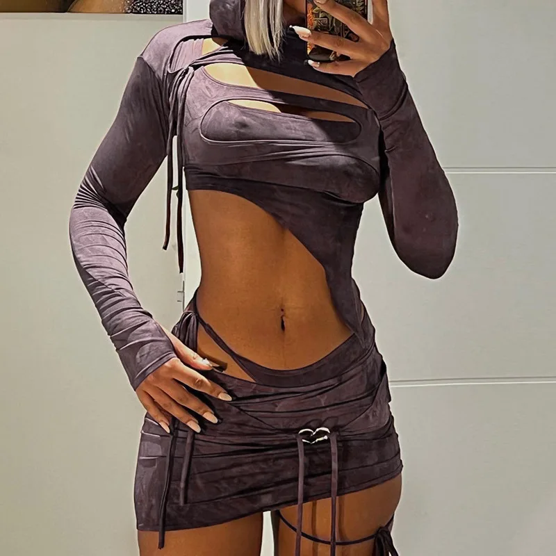 

Summer Tie Dye 2 Piece Sets Women Outfits Long Sleeve Hooded Cover Up Irregular Tank Top + Mini Skirt Suit Matching Sets 2023