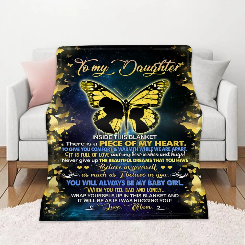 

To My Daughter From Mom Letter Printing Quilts Fleece Butterfly Pattern Blankets For Beds Sofa Birthday Gift Plush Throw Blanket
