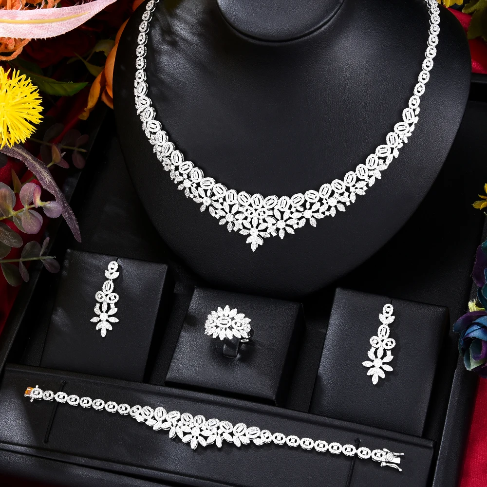 

Kellybola Luxury New Necklace Earrings Bracelet Rings Jewelry Sets 4PCS For Women Indian Nigerian Wedding Jewelery Set Gift New