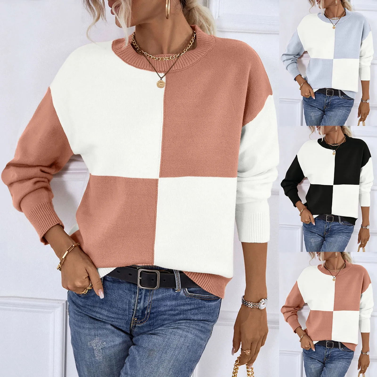 

Женский свободный пуловер с длинным рукавом и круглым вырезом