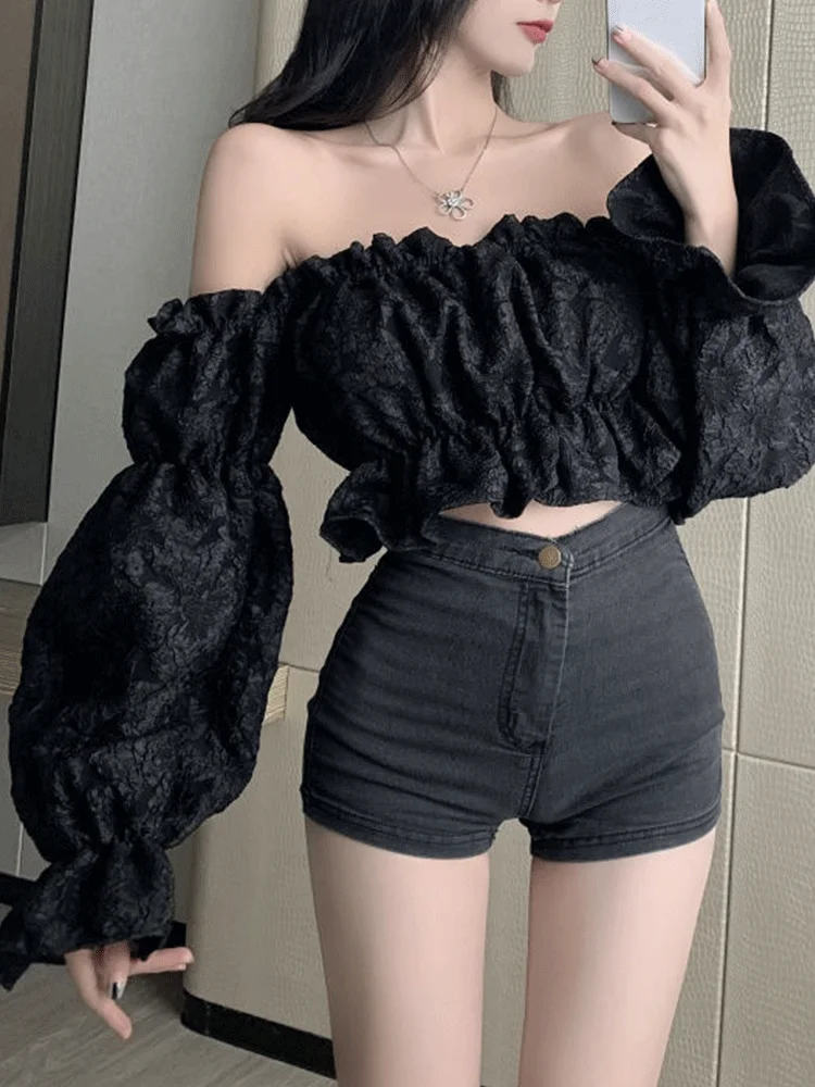 Женский топ с рукавами-фонариками пикантная блузка открытыми плечами Топ