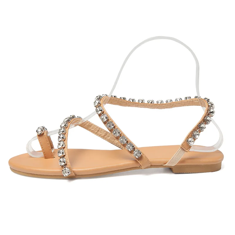 Summer Roman Pearl Sandals Woman Europe 2022 New Diamond-studded Flat Sandals Ladies Casual Large Size 42 Women's Shoes