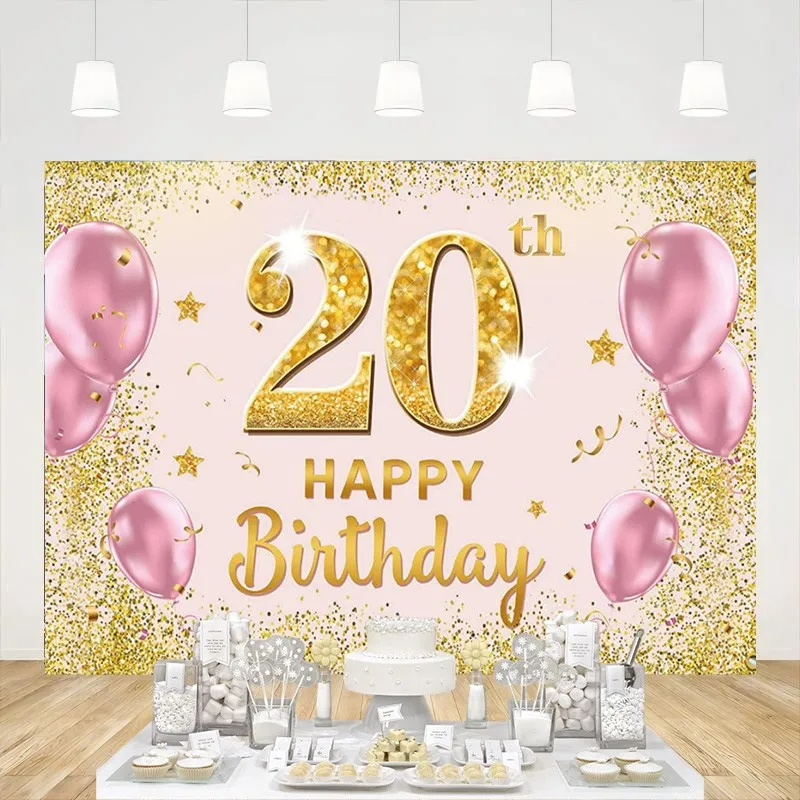 

Happy 20th Birthday Backdrop Banner Gold Pink Supplies Background for Photography Party Decorations Photo Booth Studio Props