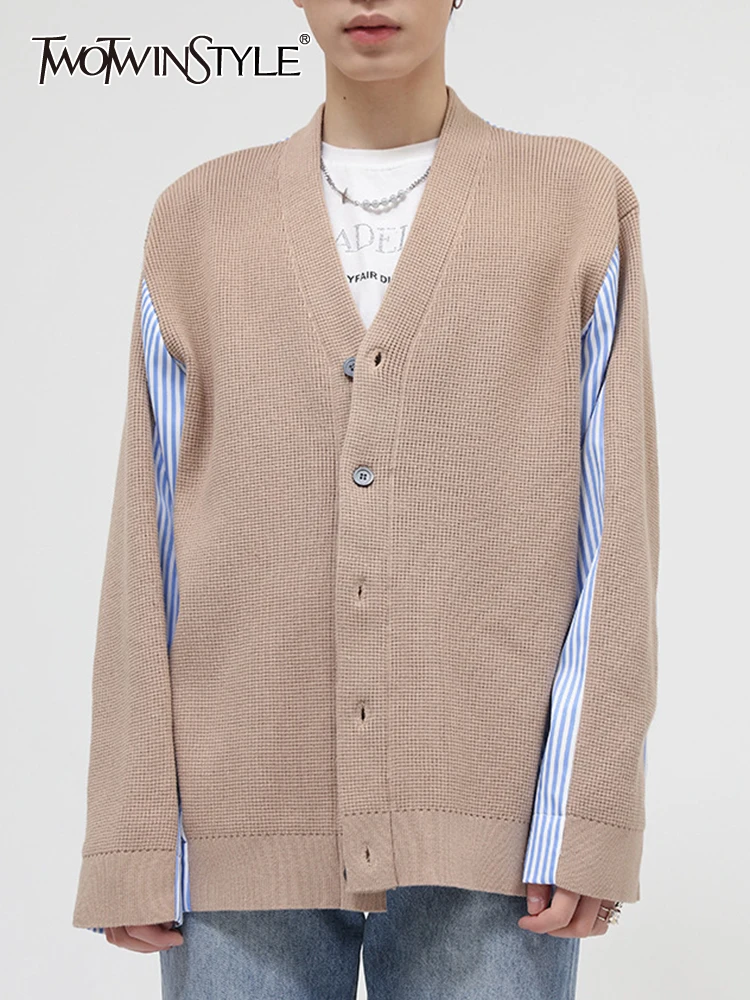 

TWOTWINSTYLE Knitting Hit Color Sweater For Women V Neck Long Sleeve Casual Loose Korean Striped Sweater Female Fashion 2023 New