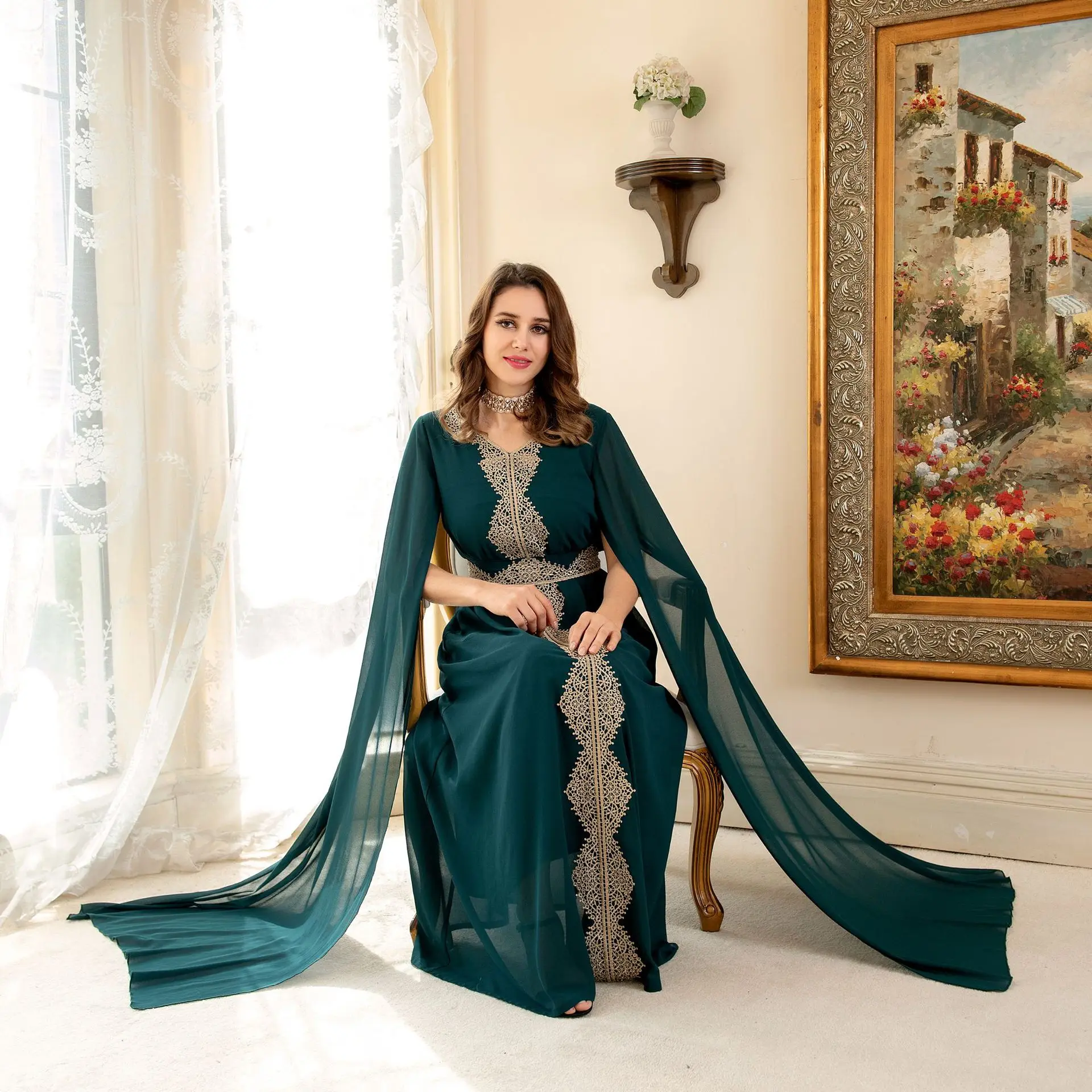 Women Djellaba Arab Muslim Long Dress Chiffon Dubai Abaya Women Braid Batwing Moroccan Kaftan Saudi Jalabiya Ramadan Robe Cape
