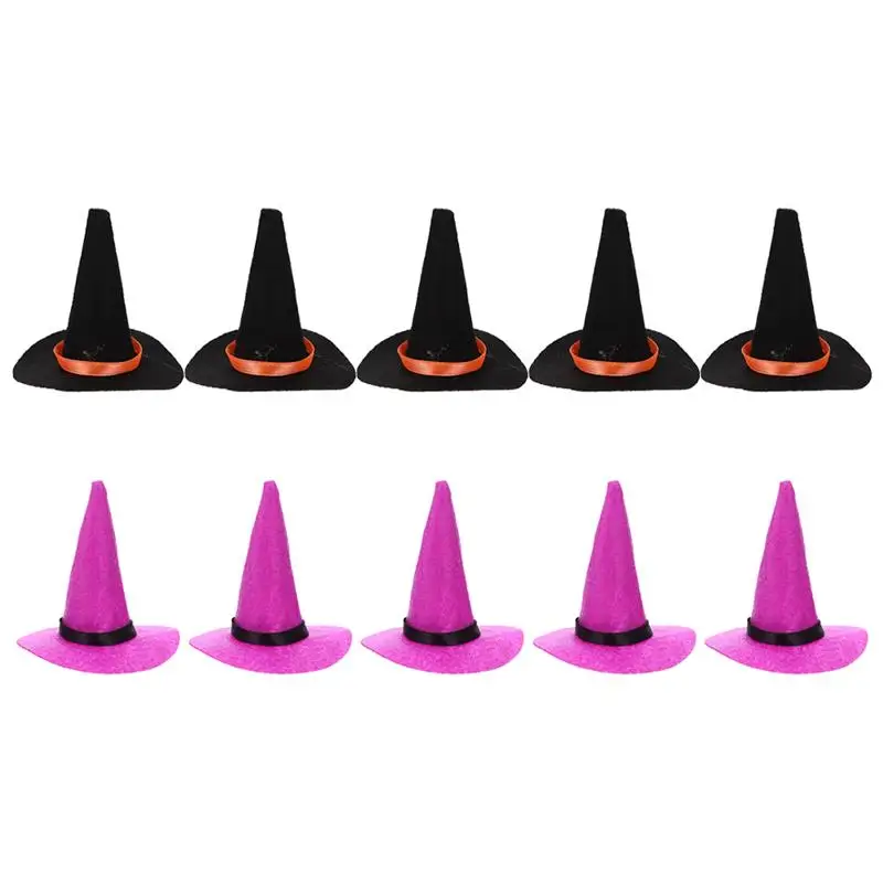 10pcs Mini Witch Hats For Craft Halloween DIY Decorative Wine Bottle Pumpkin Home Bar Decoration Cap Props Black And Purple