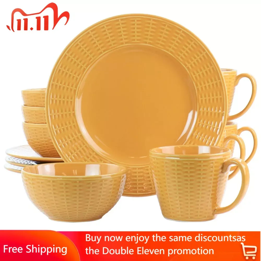 

Бесплатная доставка, набор посуды из 12 предметов, набор керамической посуды в оранжевом цвете, керамические блюда для еды, обеденные наборы