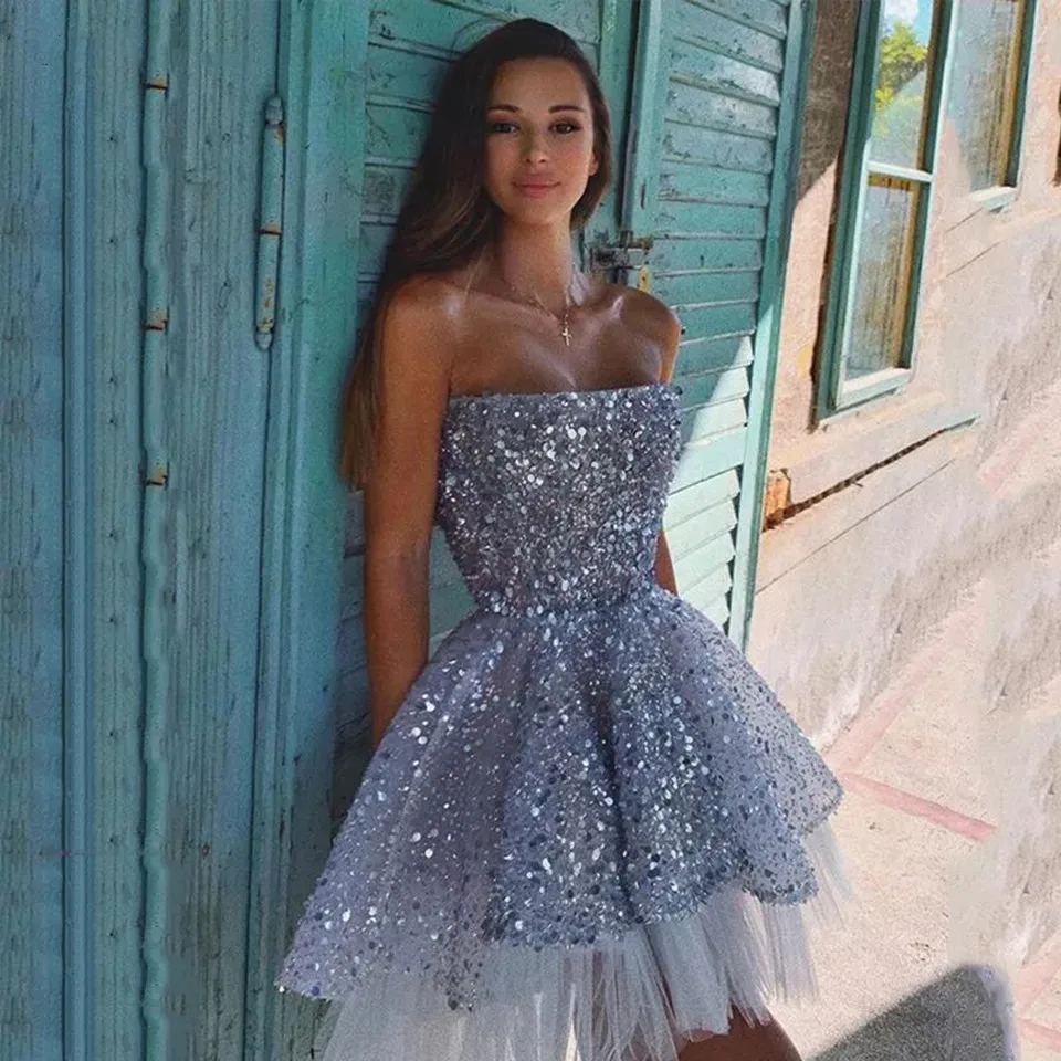

Shiny Sequined Short Prom Dresses 2022 Women Formal Party Short Prom Gowns Gray Graduation Homecoming Dress Vestido De Gala
