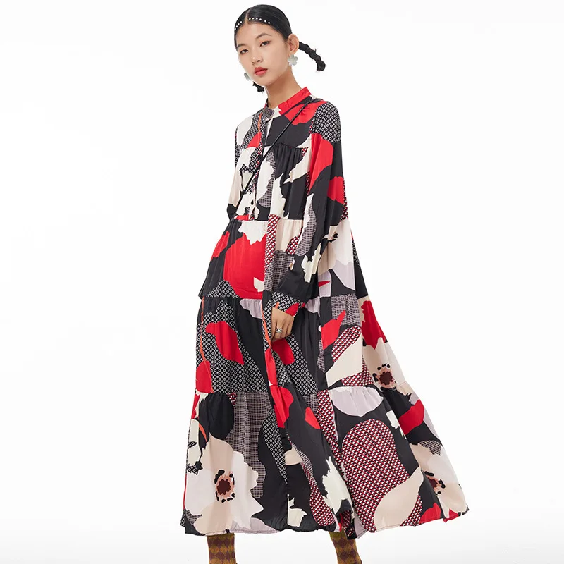 

Оригинальный Винтаж Печатный Торт Длинное Платье Для Женщин 2023 Весна Новый Пэчворк Стенд Воротник Свободный Длинный Рукав A-линия Платья ...