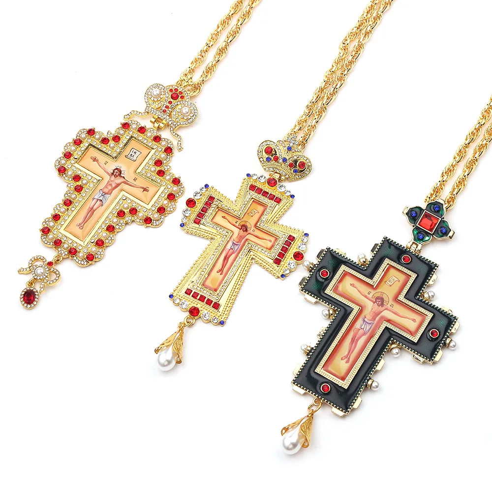 

Roman Christian Jesus Cross Necklace Religious God Hangtag Diamond Crown Metal Jewelry Church Utensils Orthodox Gift Catholic