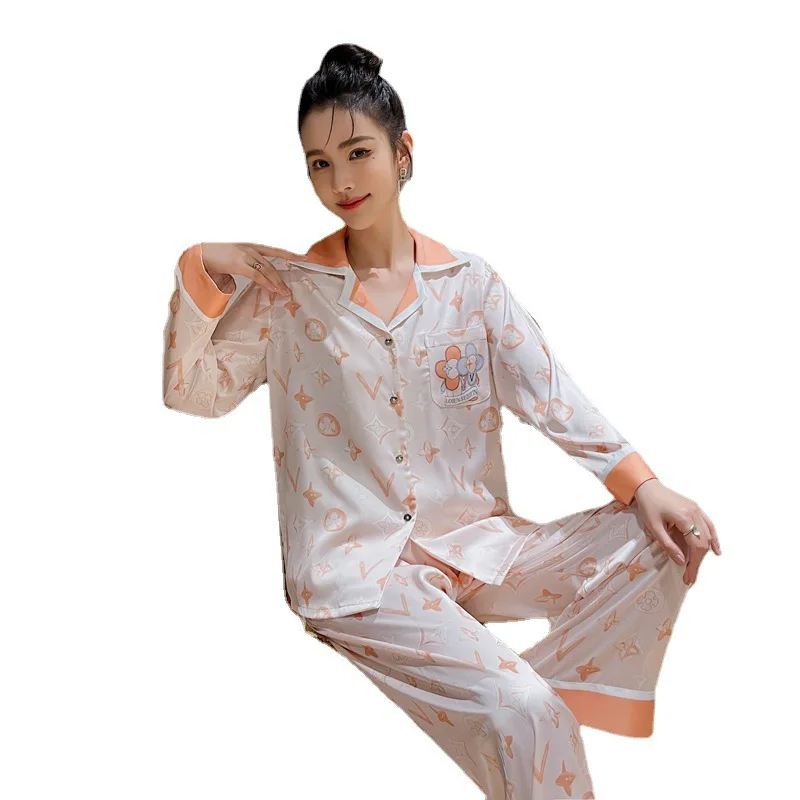 Ice Silk Pajamas for Women 2023 Spring and Autumn New Long-Sleeved Trousers Printed Cardigan Casual Outdoor Homewear