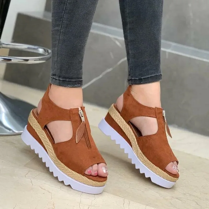 

Summer Sandals Women Solid Color Open Toe Casual Ladies Flats Non-Slip Zipper Vintage Female Shoes Fashion Chaussure Femme