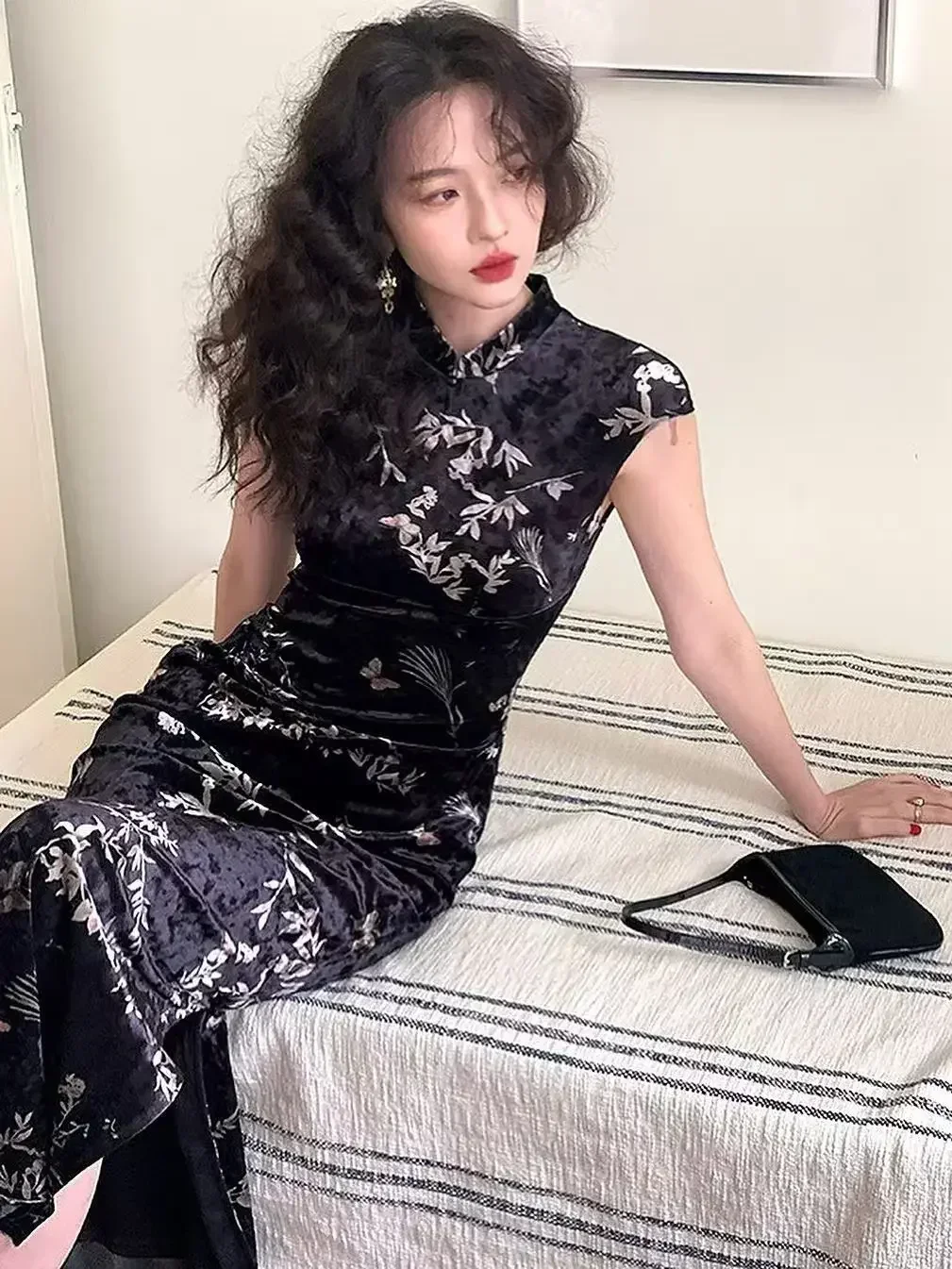 Улучшенное модное черное платье Ципао в корейском стиле банкетное вечернее