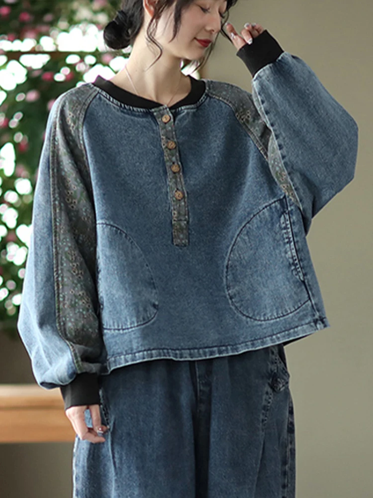 FairyNatural New Chinese Fasion Streetwear 2022 Spring Ladies Casual Denim Coats Print Clothing Women Retro Jean Jacket Big Size |