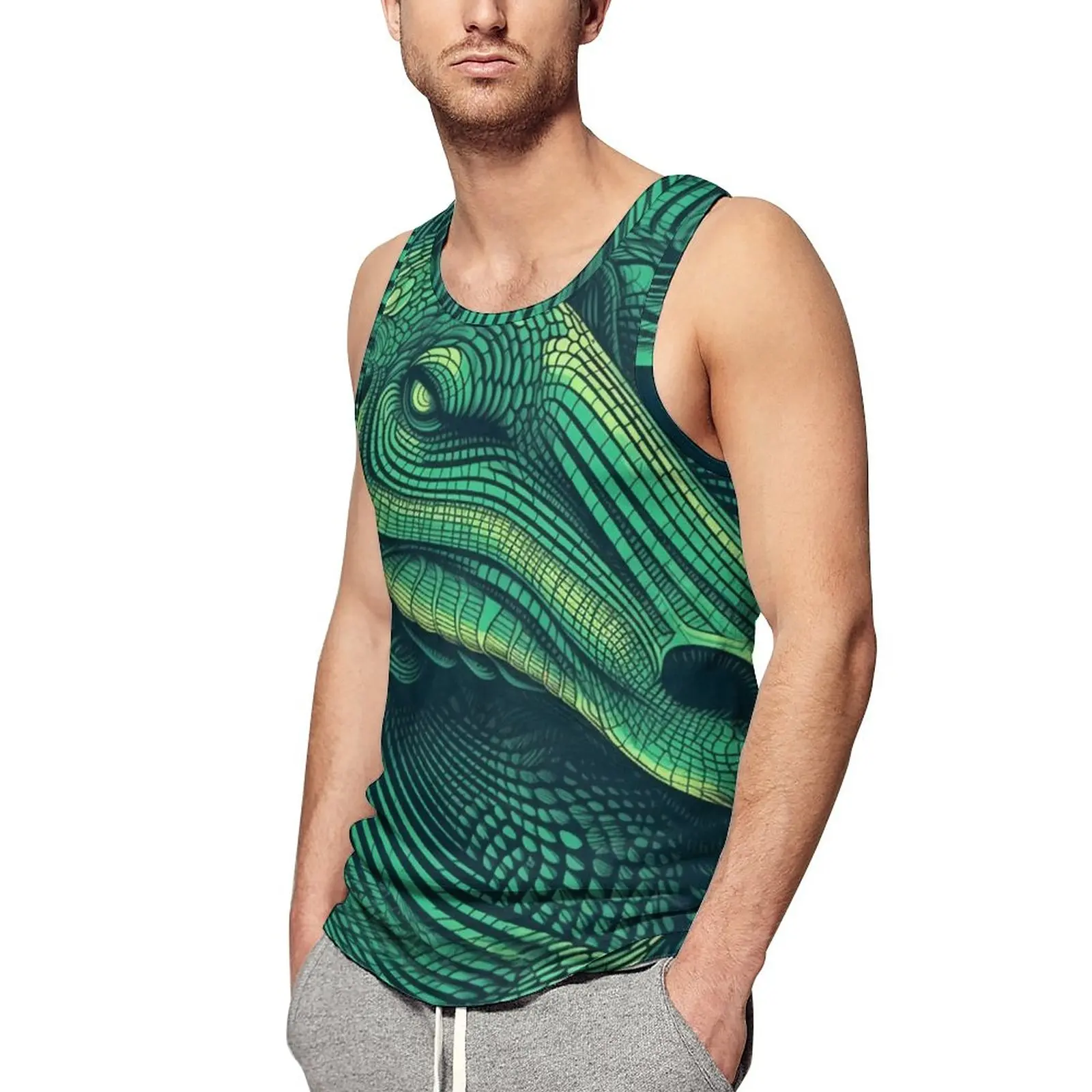 

Dinosaur Tank Top Man Psychedelic Lines Portraits Trendy Tops Summer Training Custom Sleeveless Shirts Large Size