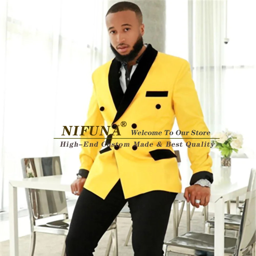 

Новейший дизайн, желтые двубортные мужские костюмы из 2 предметов, модная свадебная одежда для жениха, смокинг вечерние ринки, выпускного, д...