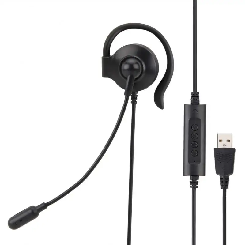 

Новая односторонняя Проводная офисная гарнитура с микрофоном для четкого звонка в колл-центр, ушной крючок, USB-провод для управления 3,5 мм AUX