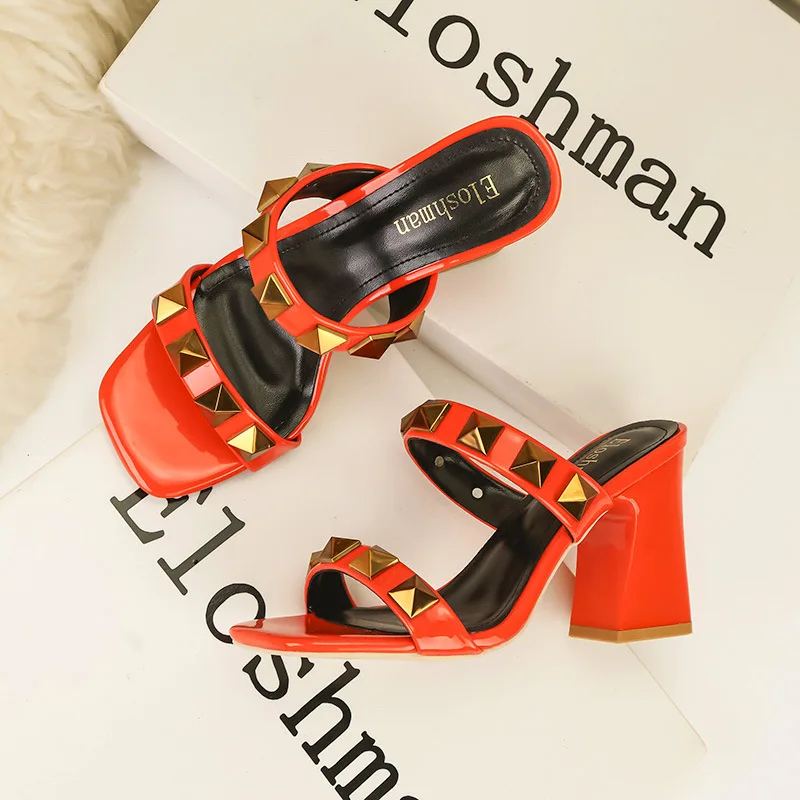 European and American style fashion sexy banquet high heel, square toe, open-toe studs, flat band block heeled women's sandals