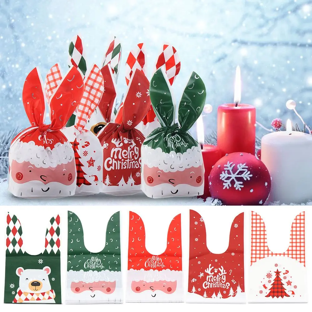 

10PCS New Year Santa Claus Home Decoration Rabbit Long Ear Merry Christmas Biscuit Bags Candy Treat Bag Xmas Candy Bags