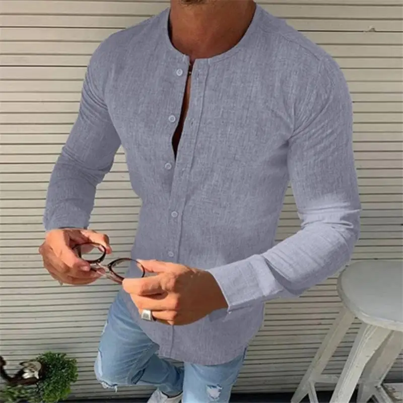 

Мужская Повседневная футболка с длинным рукавом, однотонная, на весну и осень, облегающая Деловая блузка, рубашка с круглым вырезом на пуговицах для спецодежды