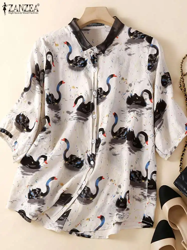 

ZANZEA Floral Print Short Tops 2023 Summer Women Fashion Button Blouse Female Holiday Lapel Neck Patchwork Shirt Loose Oversize