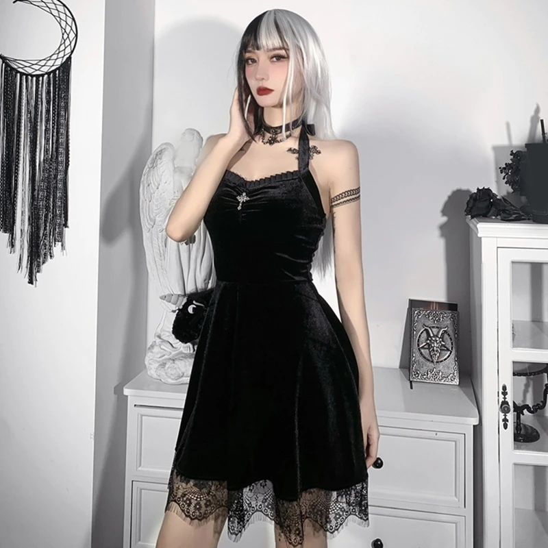 

Women Black Velvet Halter Cross Pendant Sleeveless A-Line Lace Hem Mini Dress