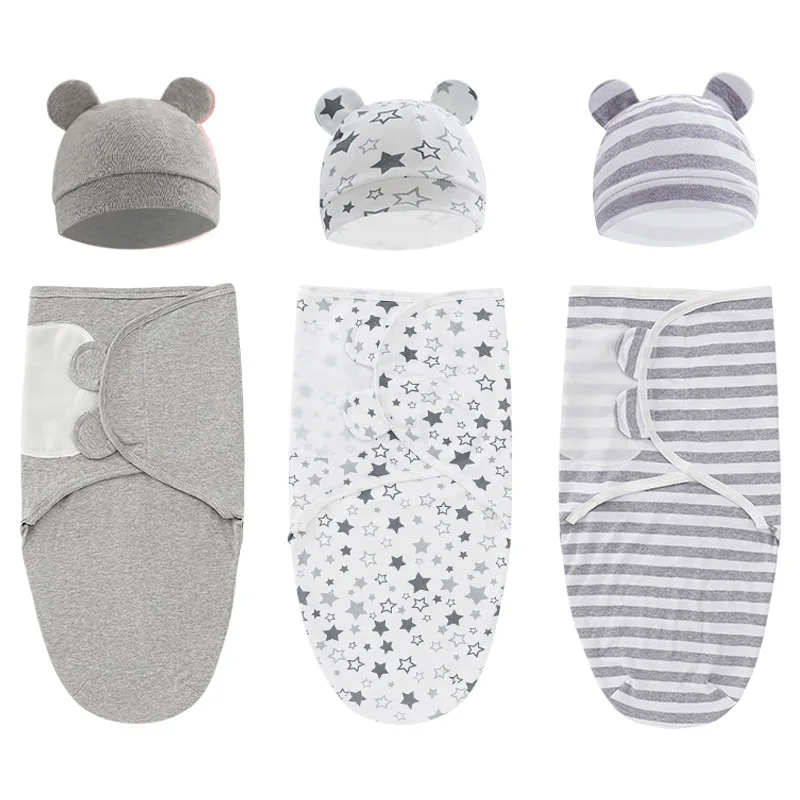 

2pcs/set Baby Cotton Sleepsack 0-6 Month Baby Swaddle Blanket Wrap Hat Set Infant Adjustable Newborn Sleeping Bag