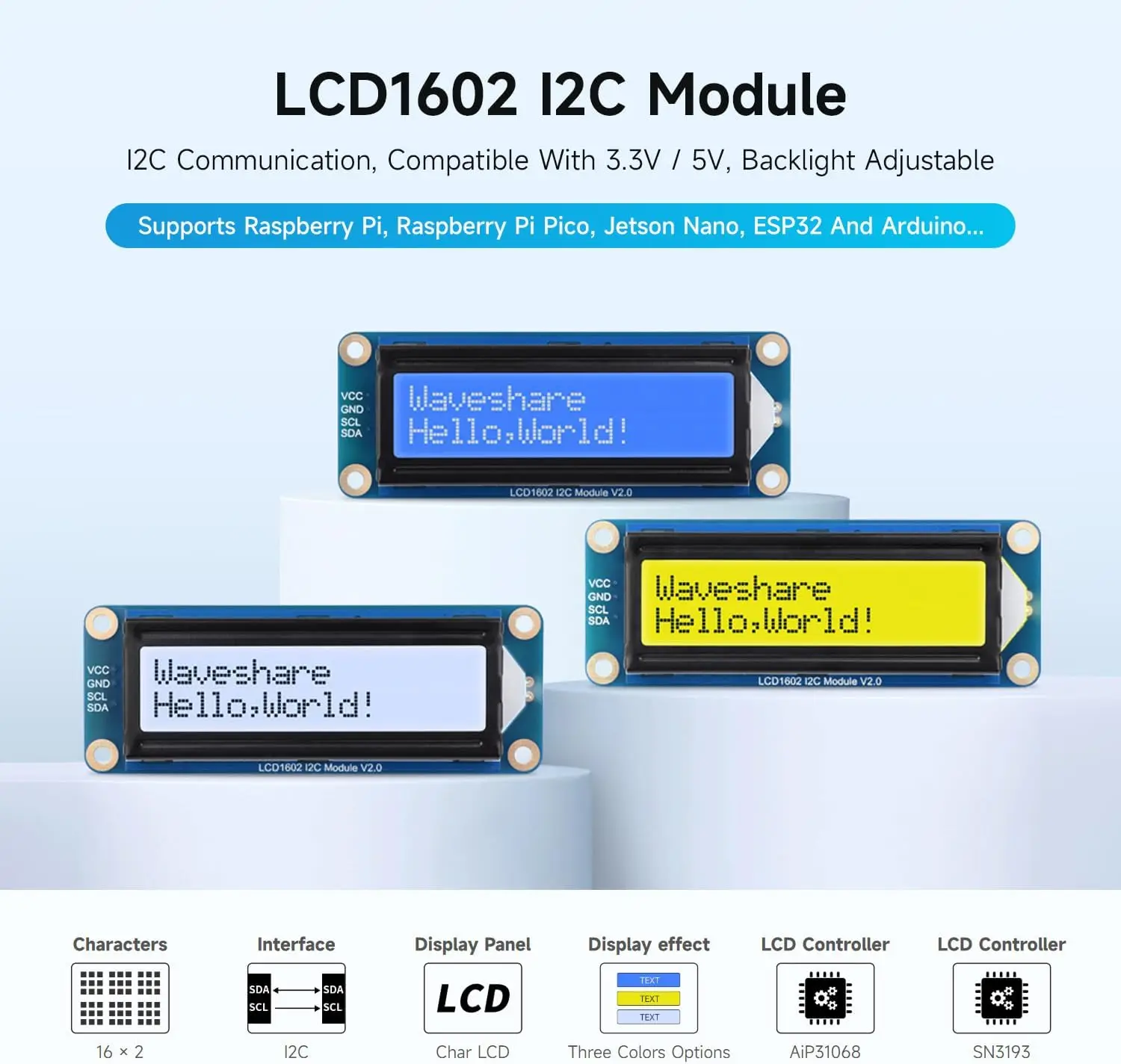 Фото Waveshare LCD1602 I2C ЖК-модуль 16x2 символов 3,3 В/5 В подсветка регулируемая для Arduino Raspberry Pi 5 Pico ESP32 Jetson Nano №2