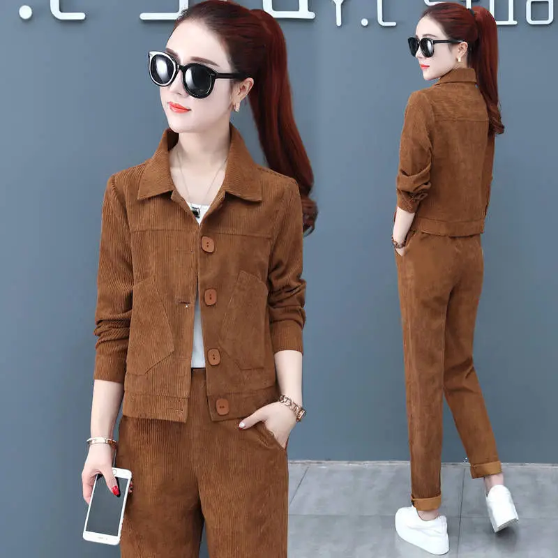Women's Single Button Tops and High Waist Pants Set Oversize Set Autumn Female Wide-legged Warm Corduroy Sweatshirt Suits G79