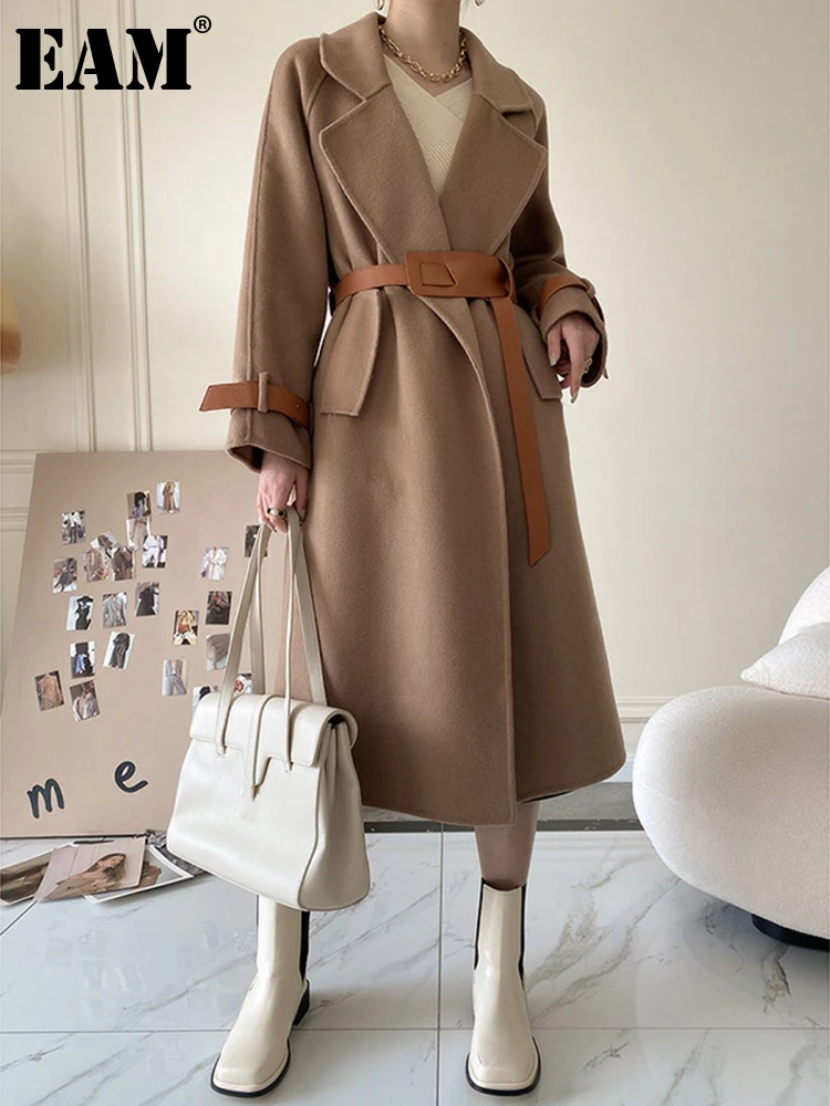 

[EAM] Loose Fit Belted Big Size Long Thick Woolen Coat Parkas New Long Sleeve Women Fashion Tide Autumn Winter 2022 1DF1604