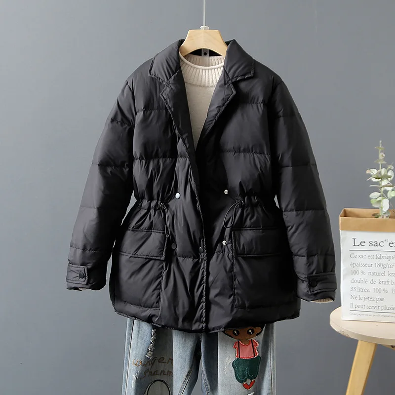 Women's Winter  Jacket Korean Version Thick Waisted Suit Lapel Mid Length White Duck Down Coat