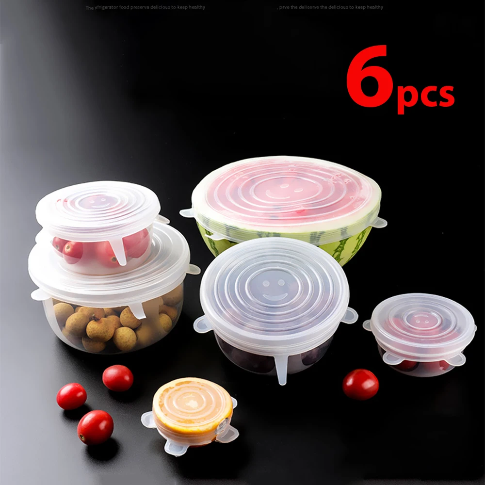 

6Pcs Food Silicone Cover Fresh-keeping Lid Dish Stretchy Lid Cap Reusable Wrap Organization Storage Tool Kitchen Accessories