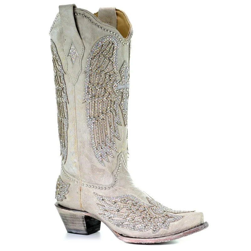 Chunky Heels Embroidered Western Cowboy Boots New 2023 Big Size White Slip On Cowgirl Boots Women's Mid Calf Boots