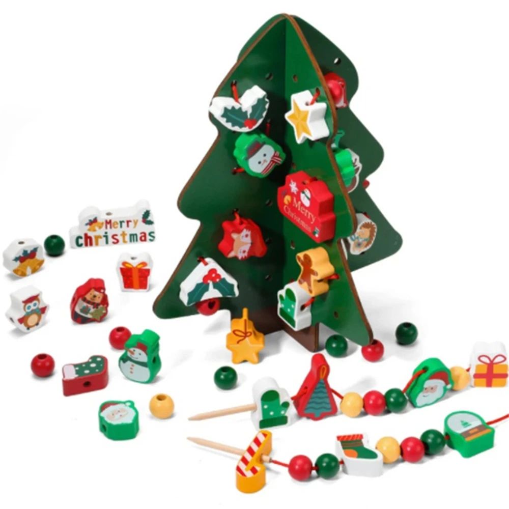 

Christmas Wooden Toys Christmas Tree Dress Up Game Building Block Threading Stacking Montessori Education Toy Xmas Gift for Baby