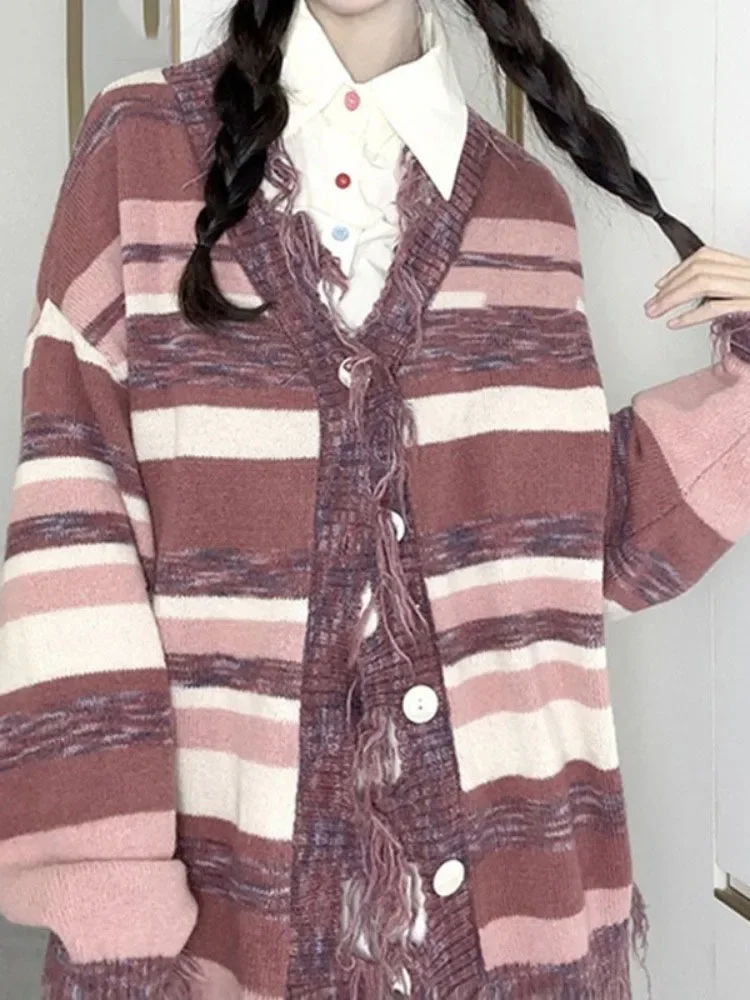 

Женский трикотажный свитер в радужную полоску, свободный трикотажный свитер контрастных цветов с бахромой, Y2k, на осень