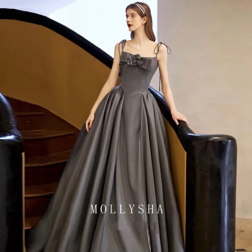 

Dark Gray Evening Dresses Spaghetti Strap Satin Flower Princess Floor Length Quinceanera Vintage Formal Occasion Celebrity Gown