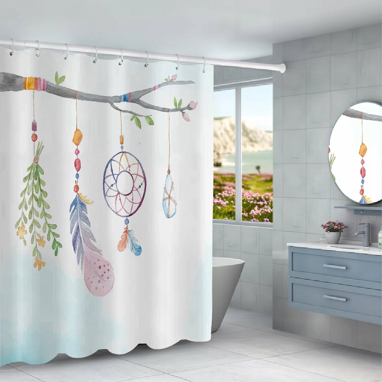 

Modern Nordic style, simple, painted, feather pattern, shower curtain, waterproof, bathroom layout, home decoration