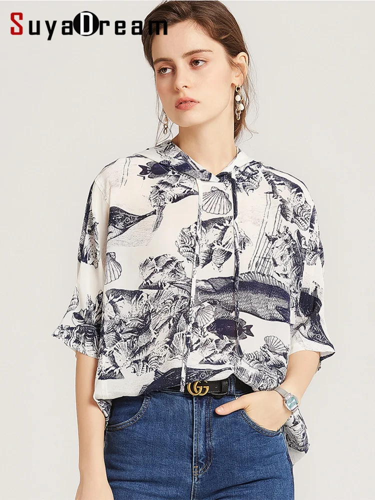 SuyaDream Woman 2021 Summer Blouses 100%Silk Crepe Half Sleeves Hooded Printed Blouse Shirts