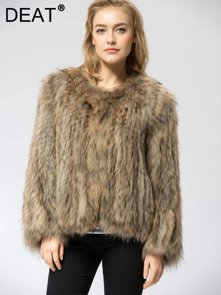 

Женская свободная куртка DEAT, желтая теплая короткая куртка из искусственного меха енота, с круглым вырезом и длинным рукавом, новинка зимы 2023, 7AB914