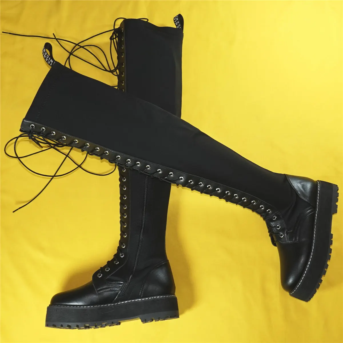 Chunky Platform Pumps Women Lace Up Stretch Fabric Over The Knee Thigh High Boots Female Round Toe Fashion Sneakers Casual Shoes