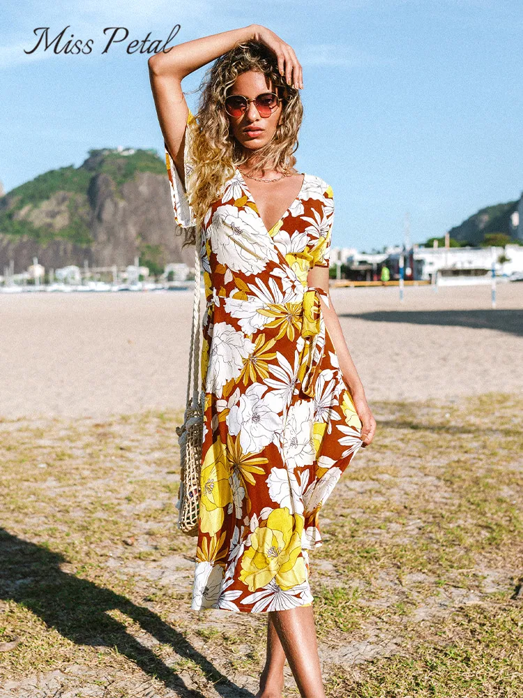 

Женское платье-миди с запахом MISS PETAL, пикантное пляжное платье с запахом, коротким рукавом и V-образным вырезом, сарафан для отдыха, лето 2022