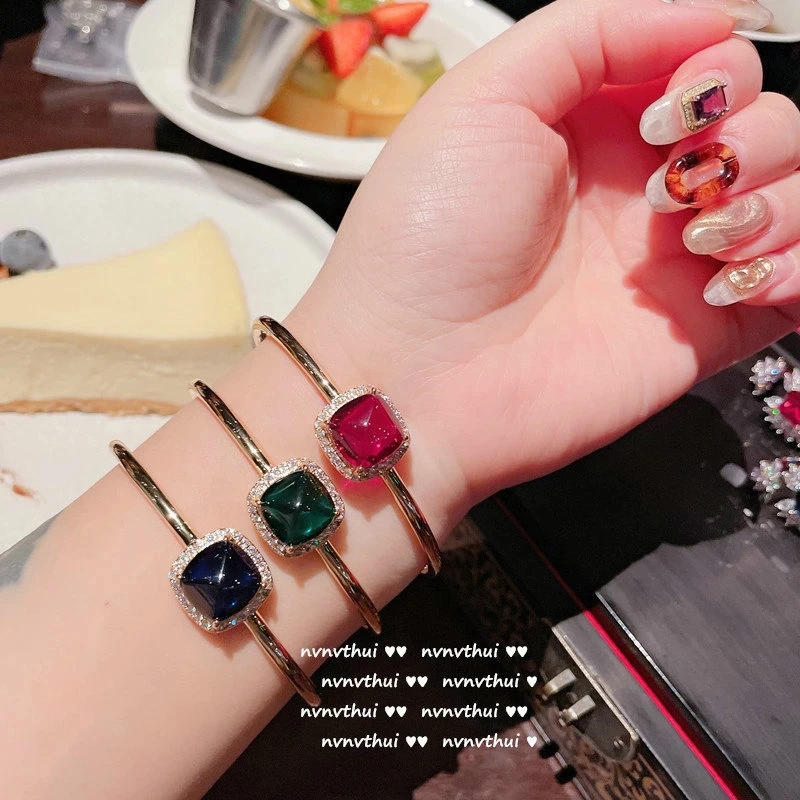 

Oil Painting Deep Sea Blue Spinel Zircon Bracelet Designer 18K Gold Plated Geometric Spinel Rose Red Zircon Bracelet