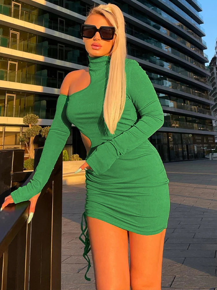 Купи Half High Collar Off Shoulder Pleated Mini Dress Women Hollow Out Drawstring Bodycon Green Dress Sexy Elegant Female Streetwear за 839 рублей в магазине AliExpress