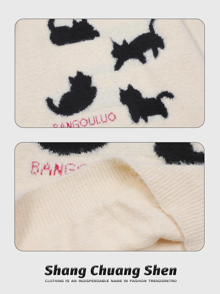 Американский винтажный жаккардовый свитер с рисунком котенка женский